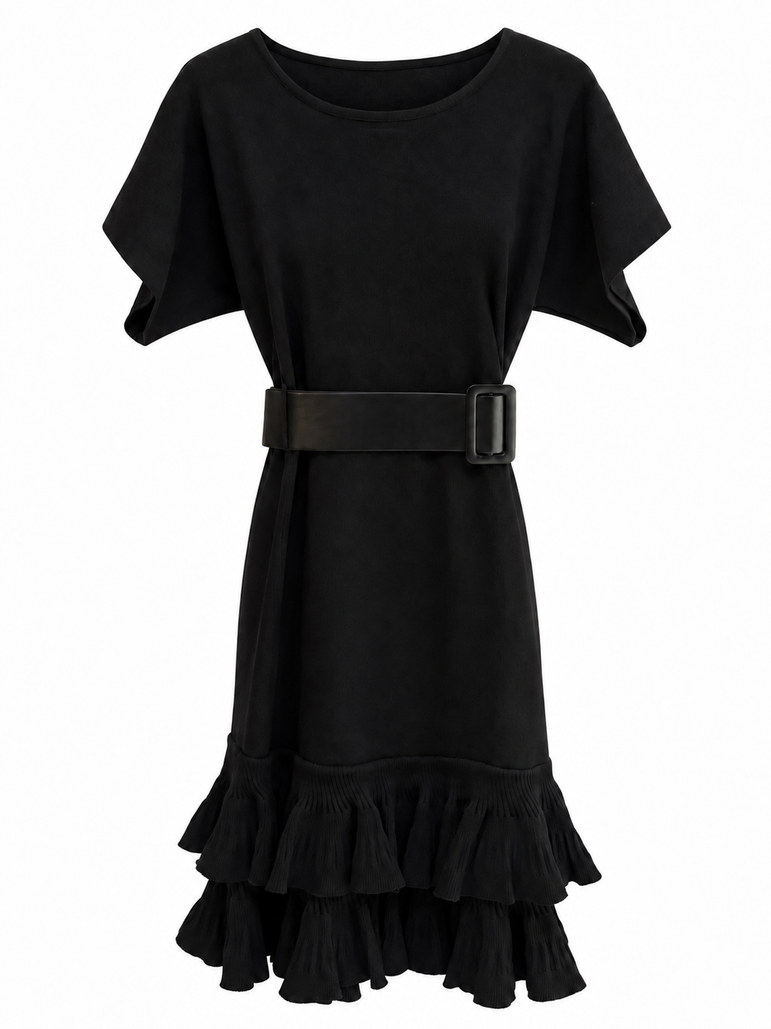Schwarzes Kleid mit Gürtel und Volants