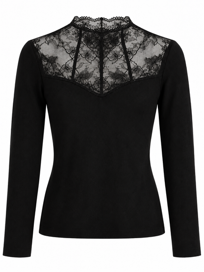 Rippstrickpullover mit Spitzeneinsatz - Black