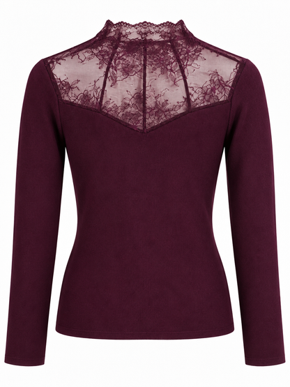 Rippstrickpullover mit Spitzeneinsatz - Bordo Red