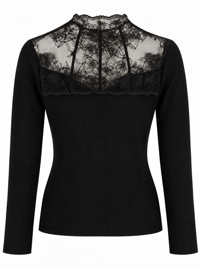 Rippstrickpullover mit Spitzeneinsatz - Black