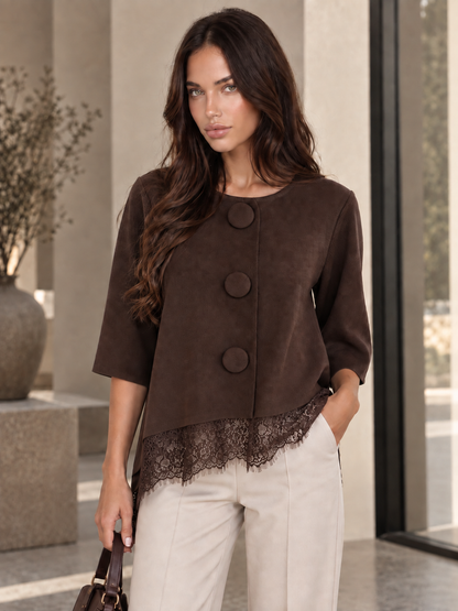 Bluse mit asymmetrischem Spitzenbesatz - Brown