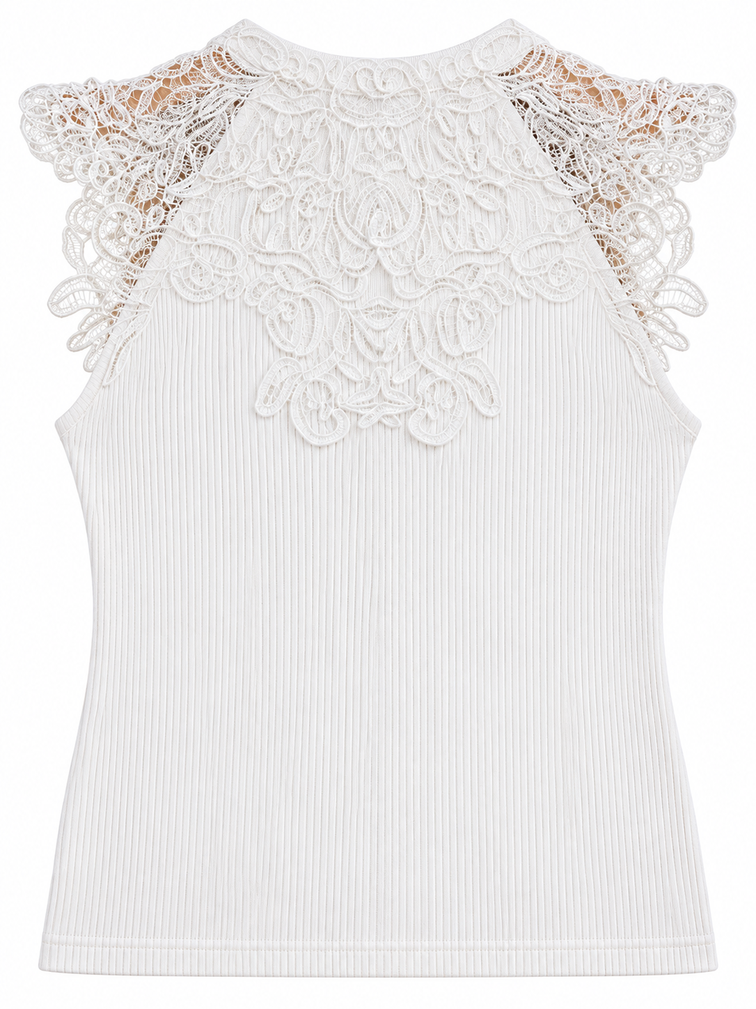 Gerippte Bluse mit Spitzenpasse - White
