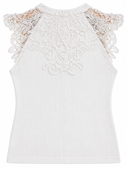 Gerippte Bluse mit Spitzenpasse - White