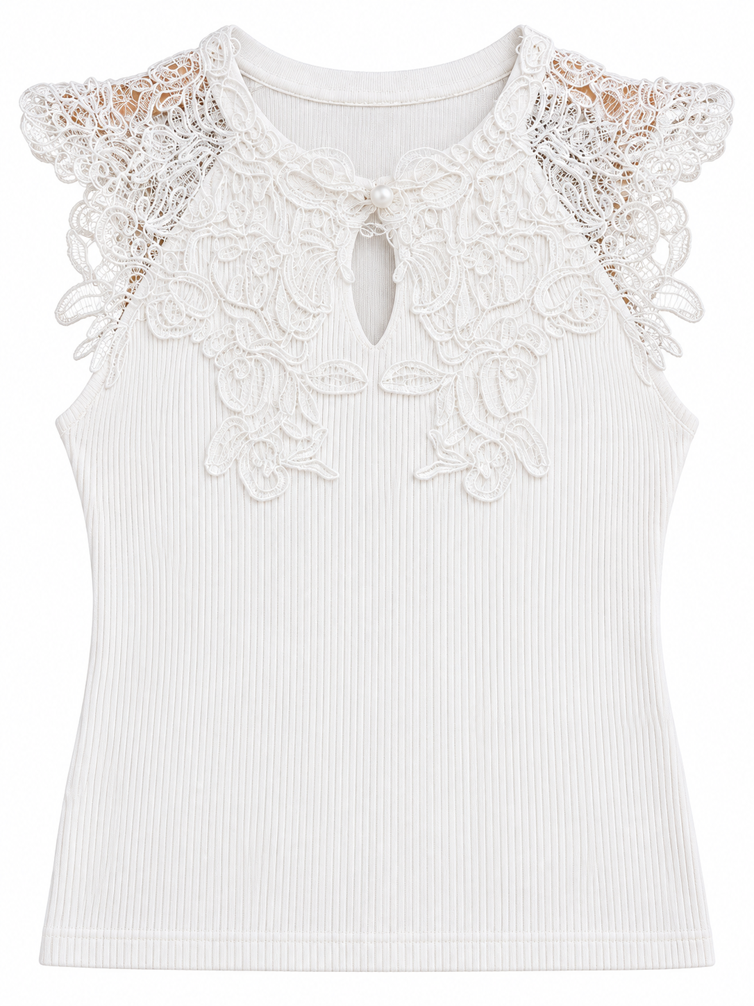 Gerippte Bluse mit Spitzenpasse - White