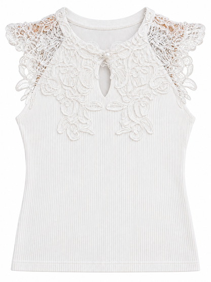 Gerippte Bluse mit Spitzenpasse - White
