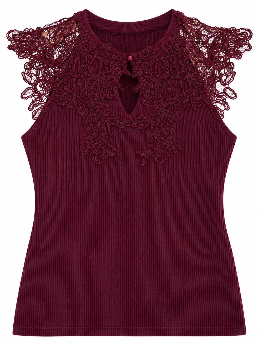 Gerippte Bluse mit Spitzenpasse - Bordo