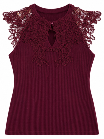 Gerippte Bluse mit Spitzenpasse - Bordo