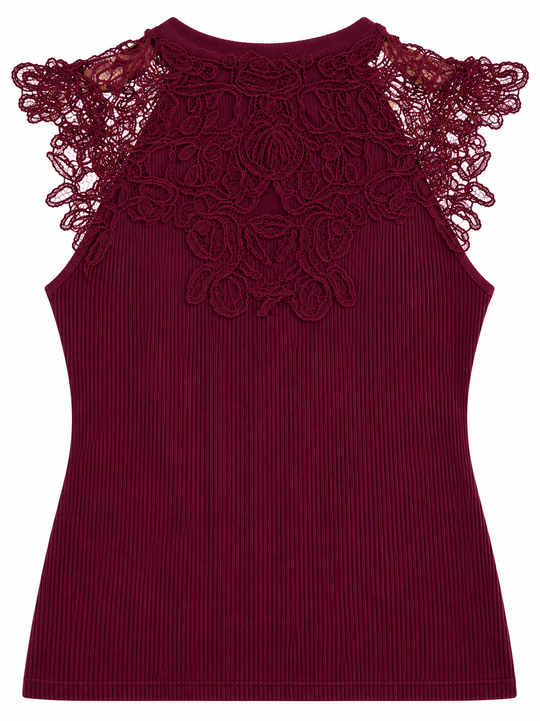 Gerippte Bluse mit Spitzenpasse - Bordo