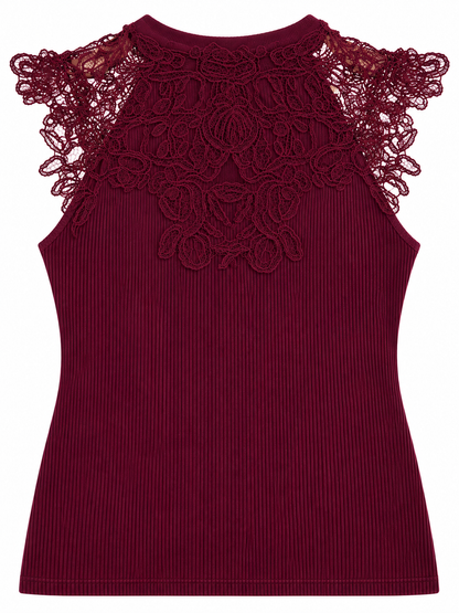 Gerippte Bluse mit Spitzenpasse - Bordo