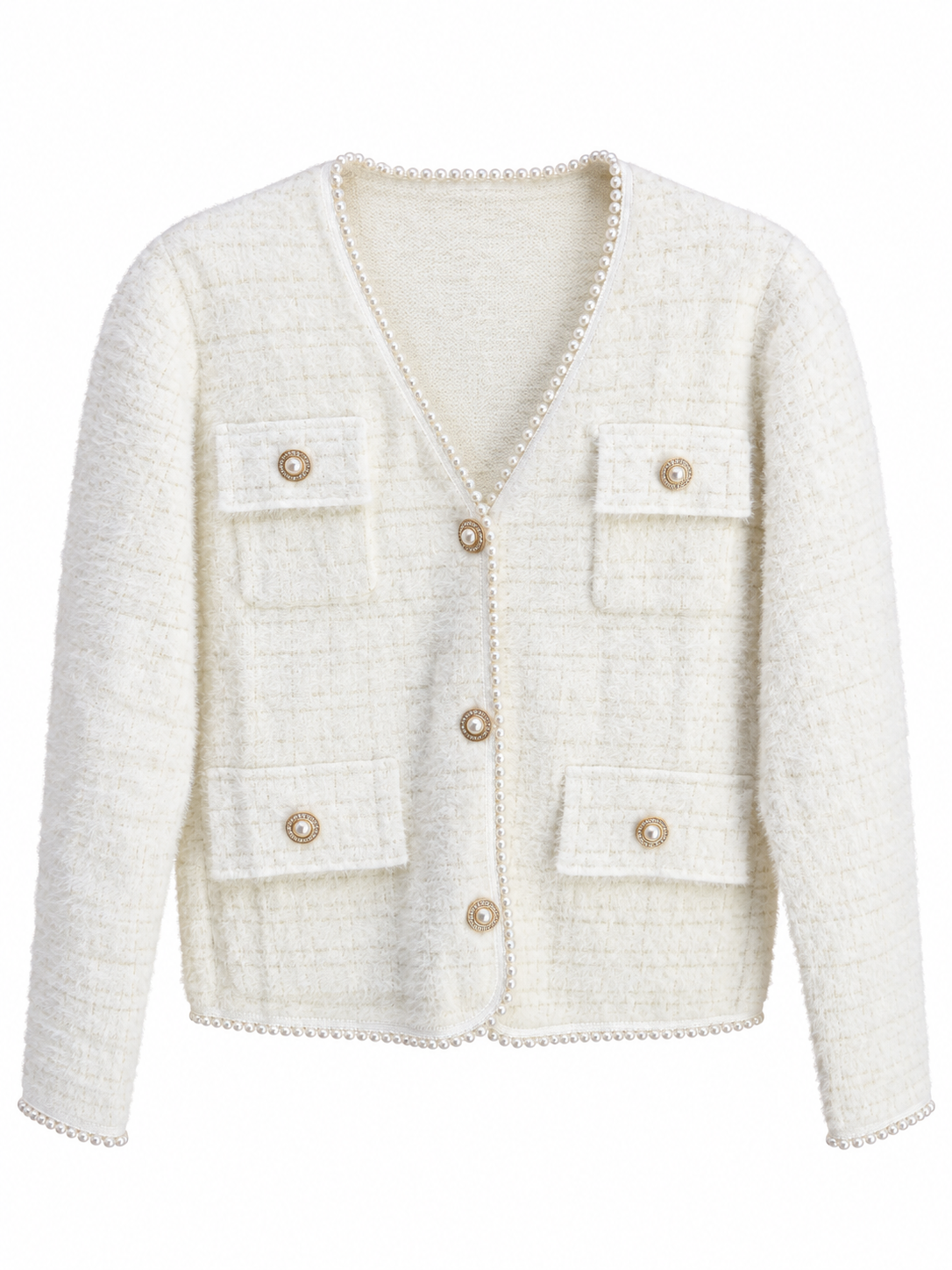 Bouclé-Jacke mit Perlbesatz - Creme