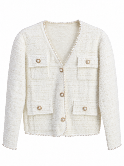 Bouclé-Jacke mit Perlbesatz - Creme