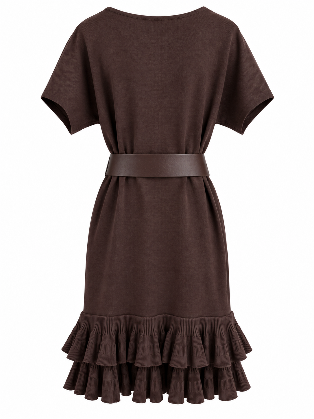 Strickkleid mit Rüschen und Gürtel - Brown