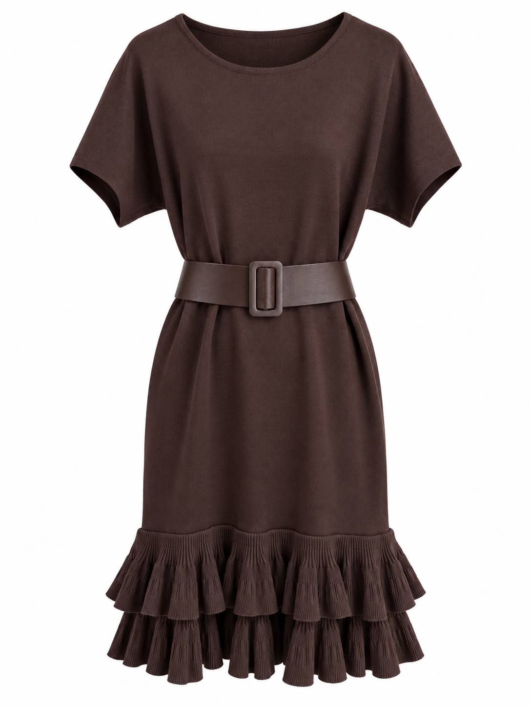 Strickkleid mit Rüschen und Gürtel - Brown