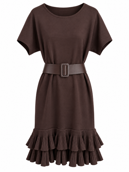 Strickkleid mit Rüschen und Gürtel - Brown