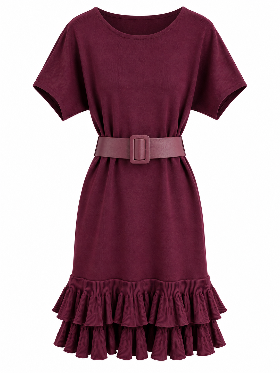 Strickkleid mit Rüschen und Gürtel -Bordo Red