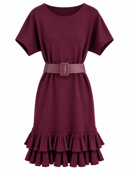 Strickkleid mit Rüschen und Gürtel -Bordo Red