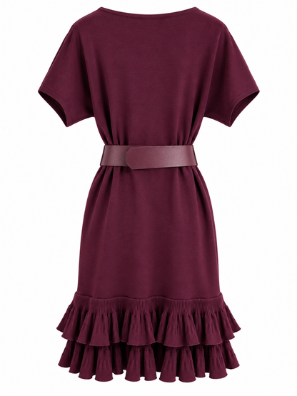 Strickkleid mit Rüschen und Gürtel -Bordo Red