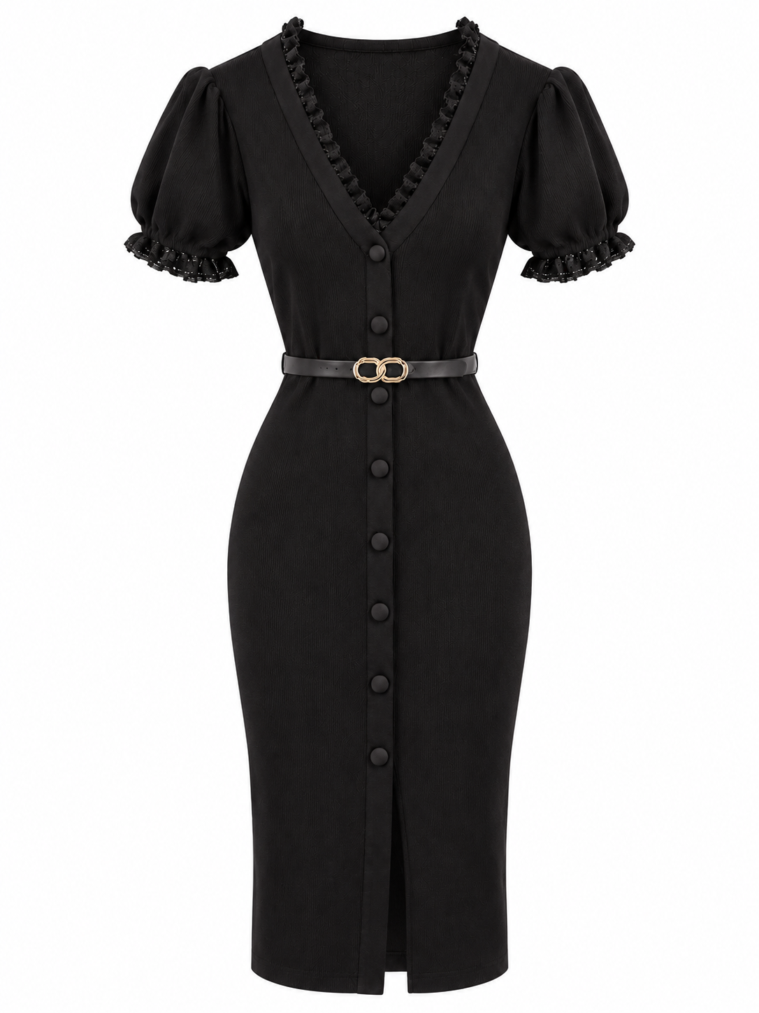 Strickkleid mit goldener Gürtelschnalle - Black