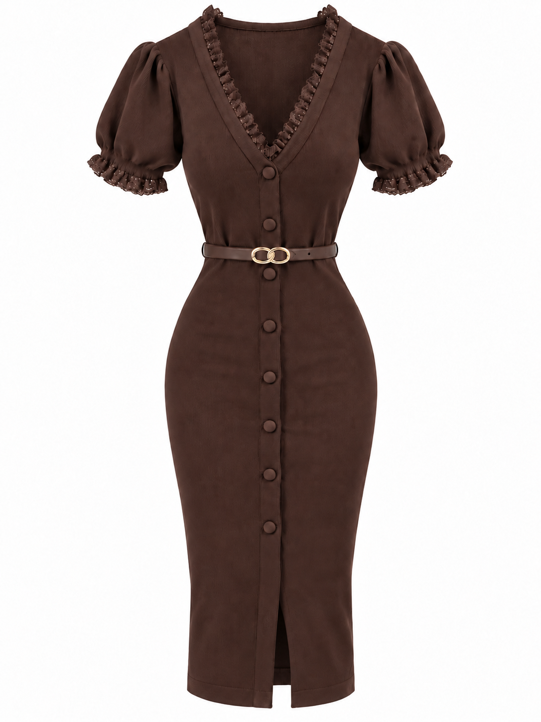 Strickkleid mit goldener Gürtelschnalle - Brown