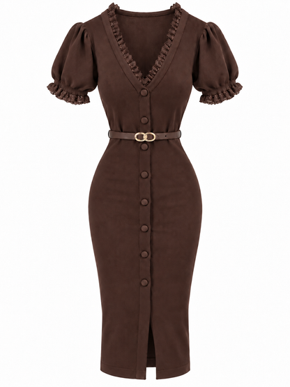 Strickkleid mit goldener Gürtelschnalle - Brown