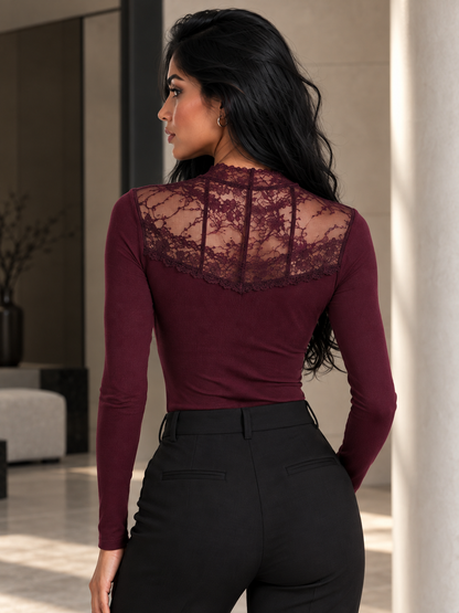 Rippstrickpullover mit Spitzeneinsatz - Bordo Red