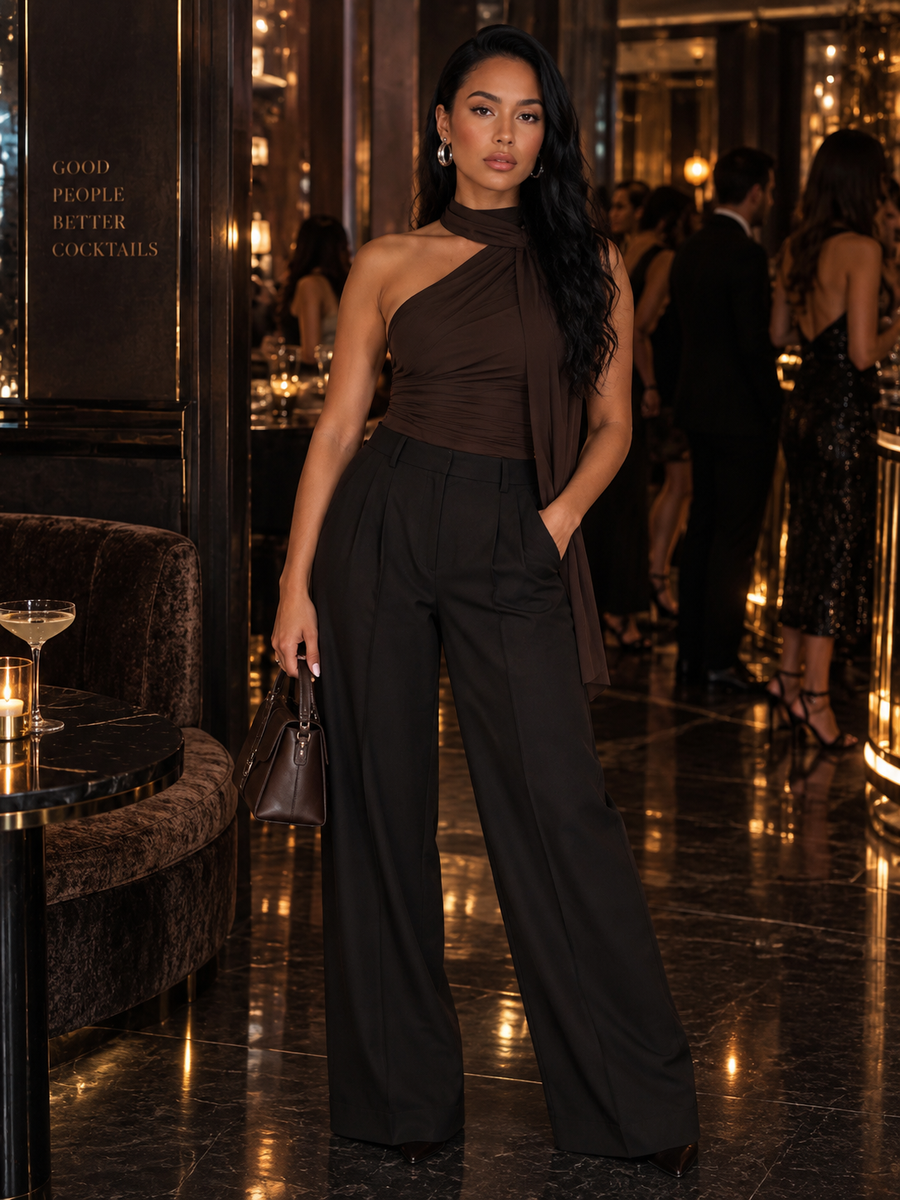 Wide-Leg Trousers with Pleat Detail — Black