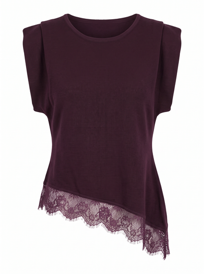 Asymmetric Lace-Trim Top - Bordo