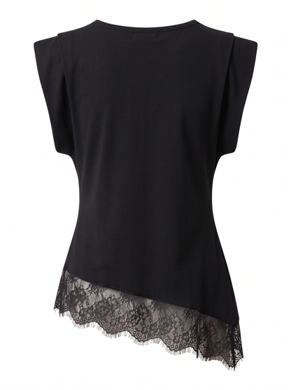 Asymmetric Lace-Trim Top - Black