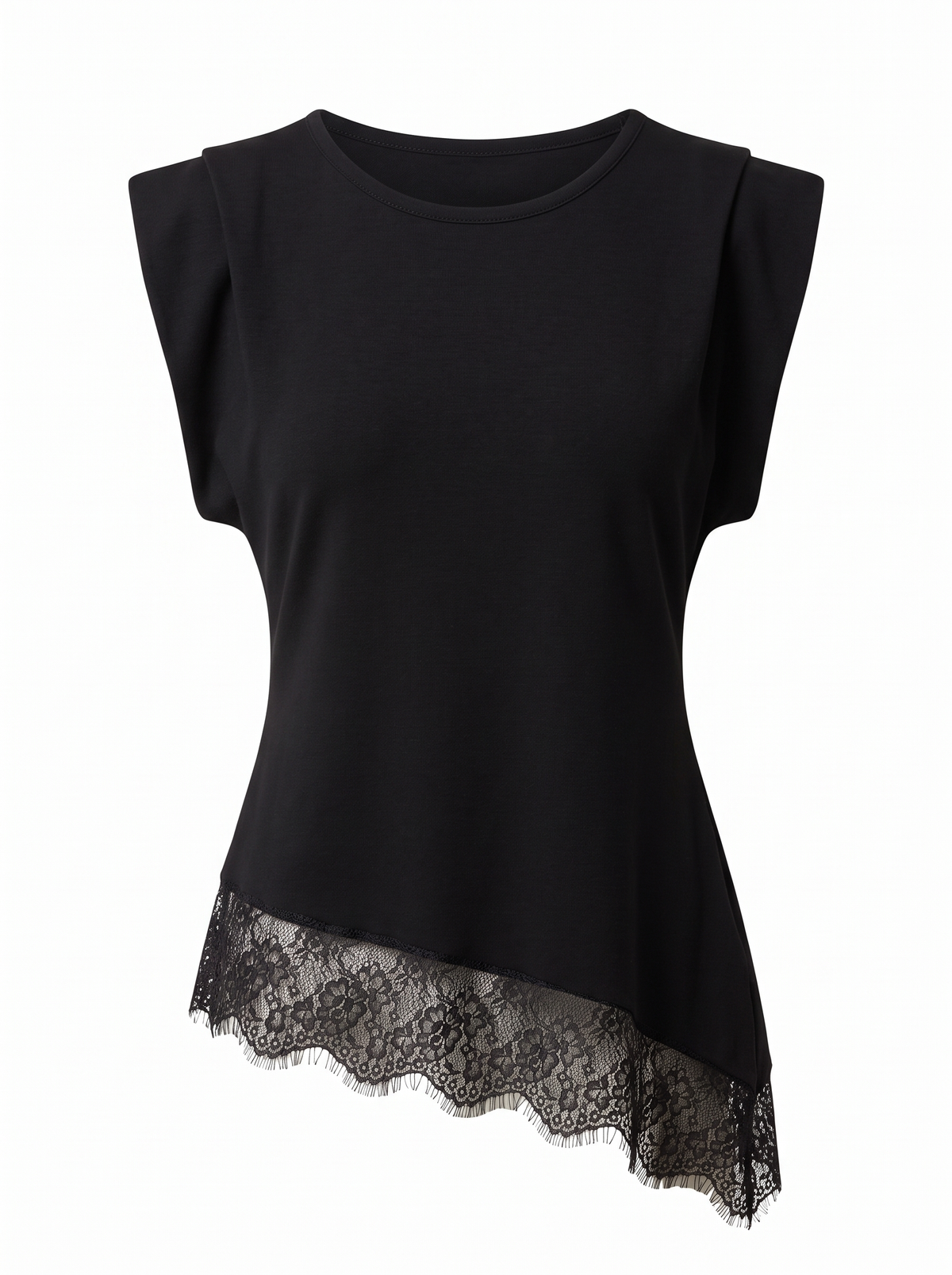 Asymmetric Lace-Trim Top - Black