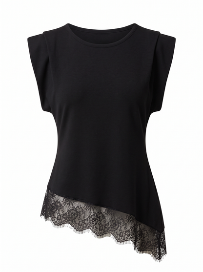 Asymmetric Lace-Trim Top - Black